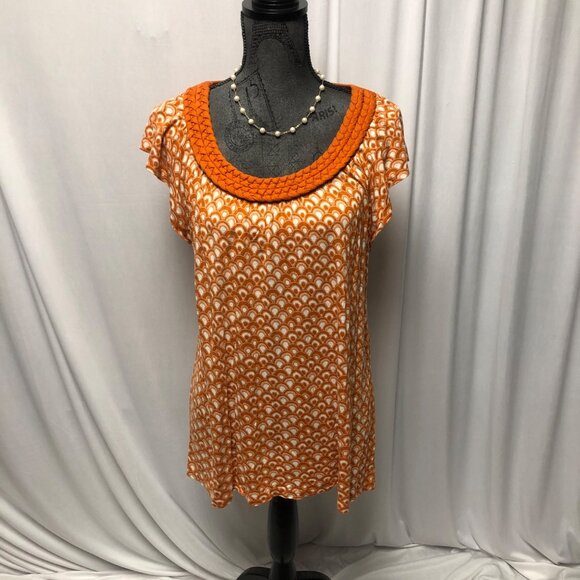 Apt 9 Top Womens Size Large Orange White Cap Sleeve Braided Neckline Blouse - Picture 1 of 8